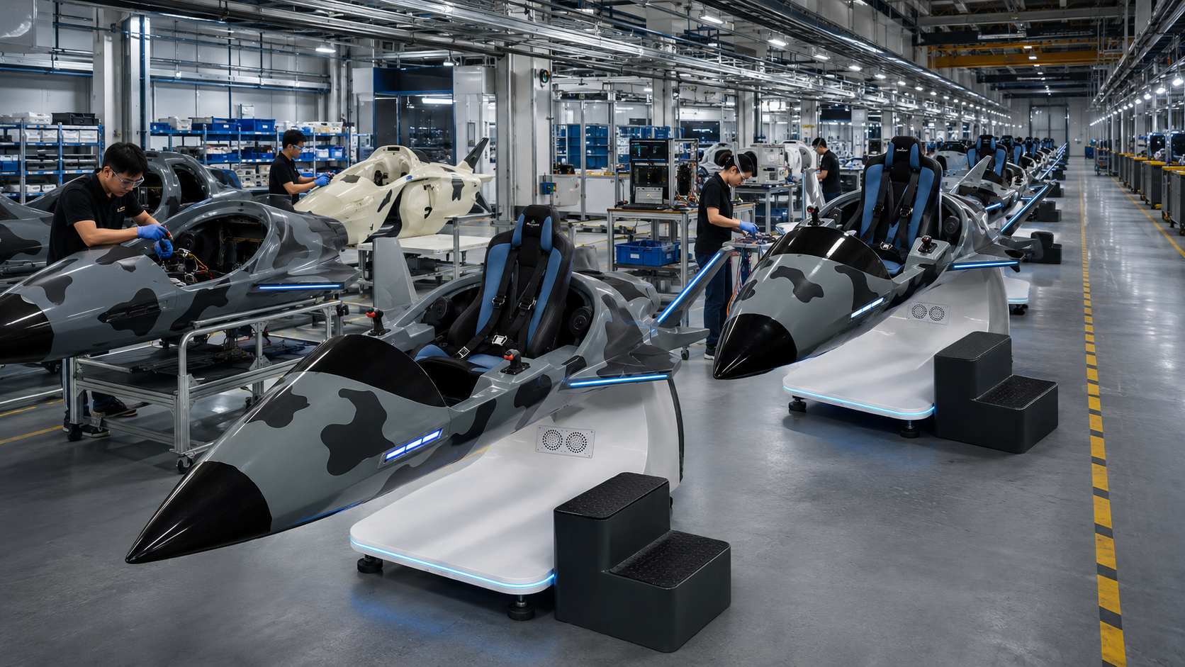 SkyPilotVR production line with fighter aircraft simulators in assembly